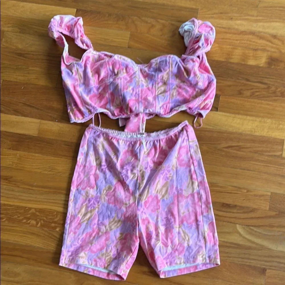 Free People Hot Pink Combo Get Physical Bustier Crop Top Shorts Co-Ord Set